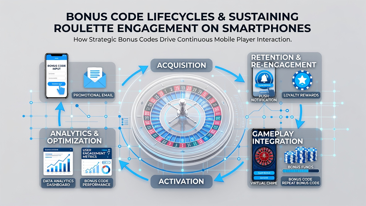 Smartphone screen showing roulette game with overlaid bonus lifecycle progress tracker and notification alerts