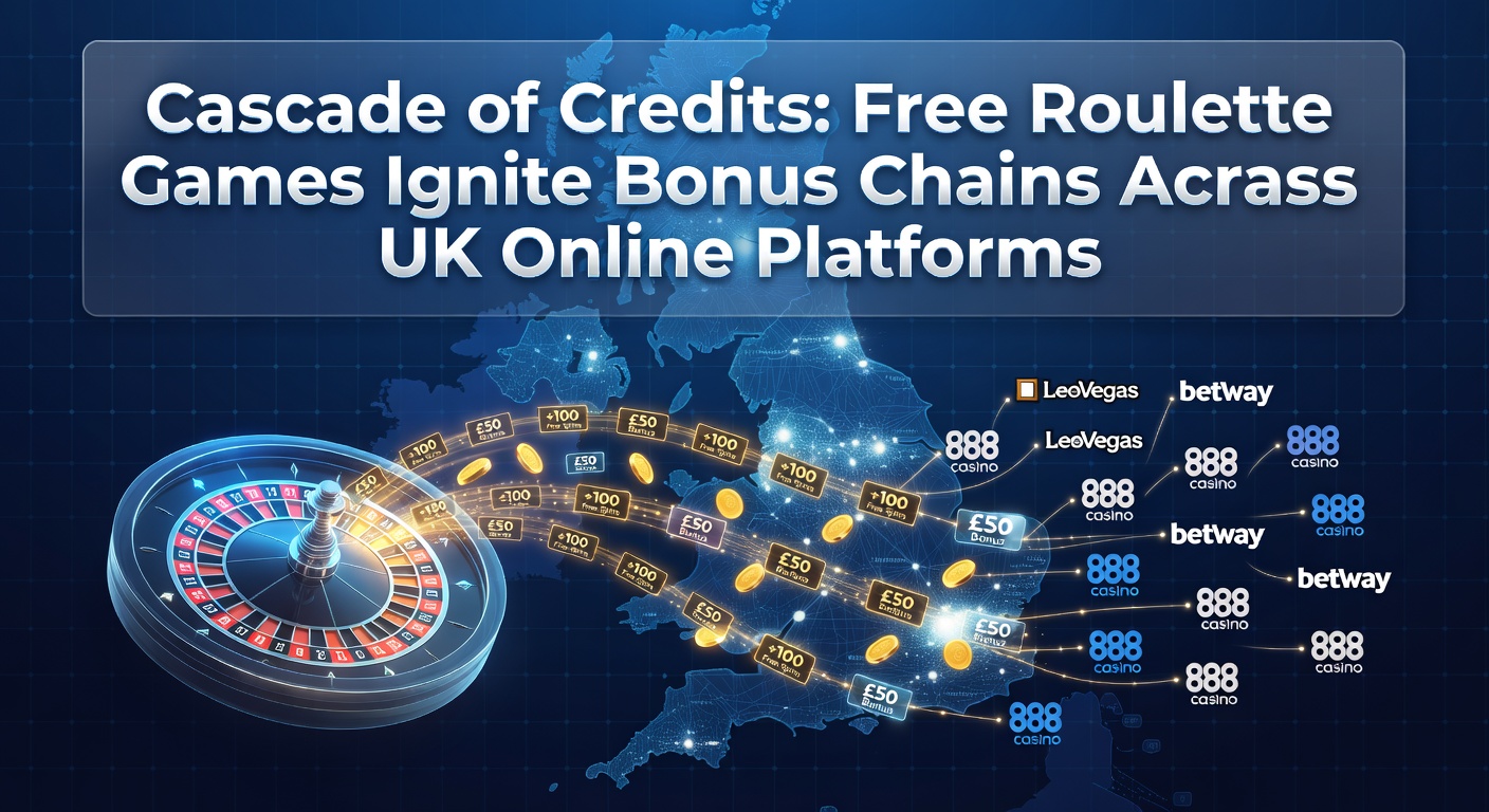 Vibrant roulette wheel spinning with cascading credit icons and bonus symbols lighting up a digital casino interface, illustrating free games triggering chain reactions on UK platforms