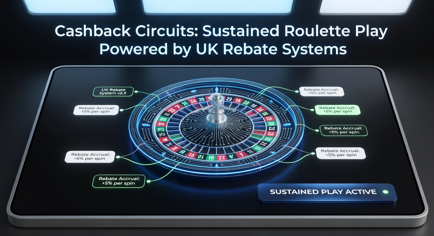 Digital graphic showing a looping cashback circuit around a roulette wheel, illustrating rebate systems fueling continuous play