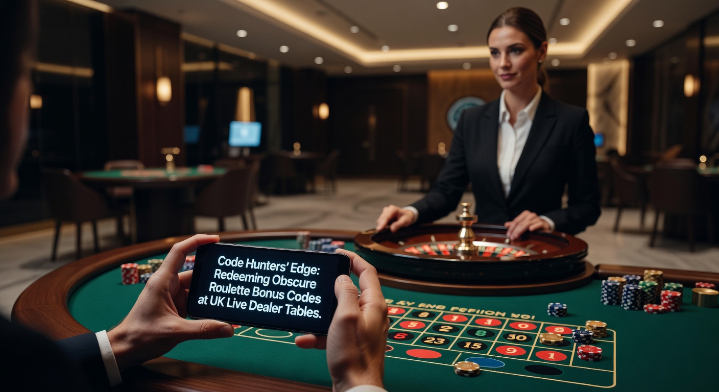 Live dealer roulette table with bonus code overlay, showing a player redeeming credits during a high-stakes spin in a vibrant UK casino stream