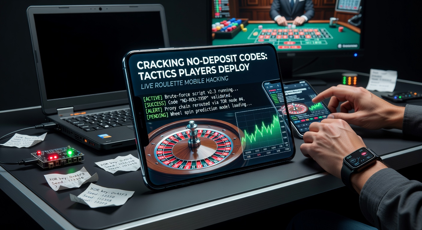 Close-up of fingers on mobile screen entering no-deposit code during live roulette game, with dealer visible and bonus credits activating