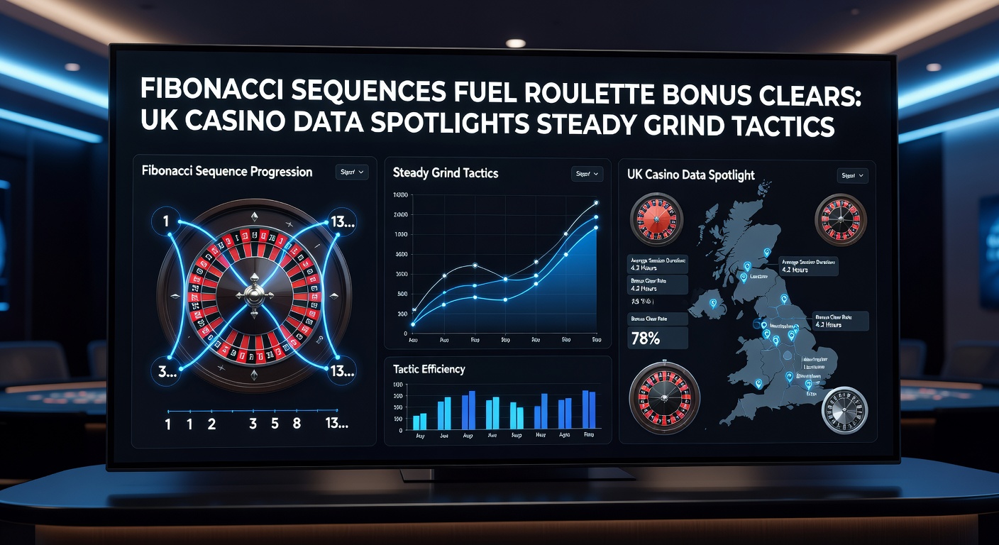 Illustration of Fibonacci sequence visualized on a roulette table with ascending bet stacks and UK casino interface in the background
