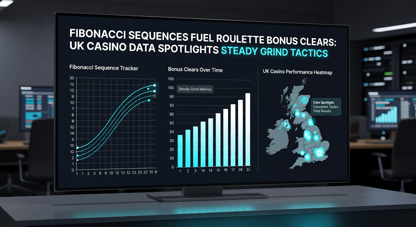 Graph overlay on roulette wheel showing Fibonacci bet progression curves against bonus wagering bars, highlighted with UK flag and casino stats