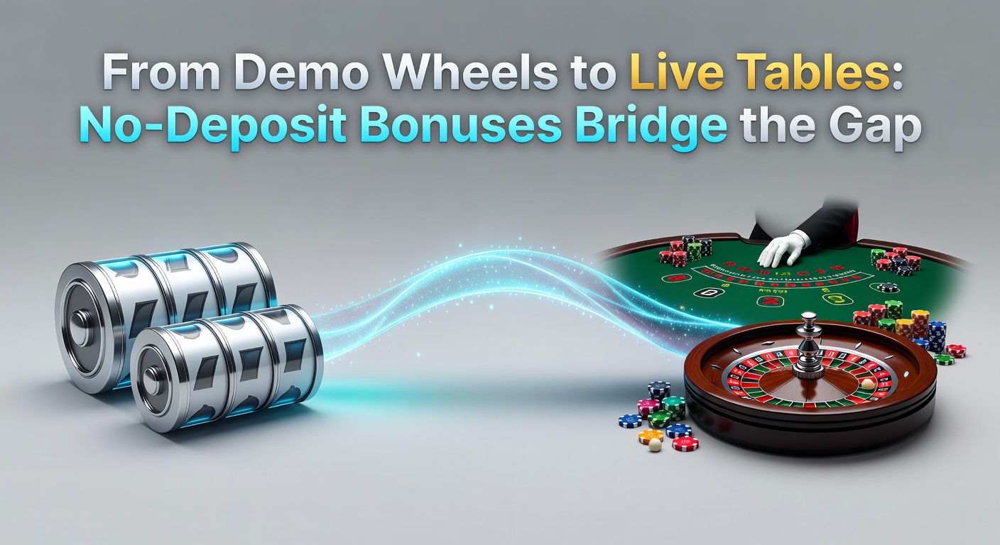 A roulette wheel spins from demo mode into a vibrant live dealer table, symbolizing the seamless transition enabled by no-deposit bonuses