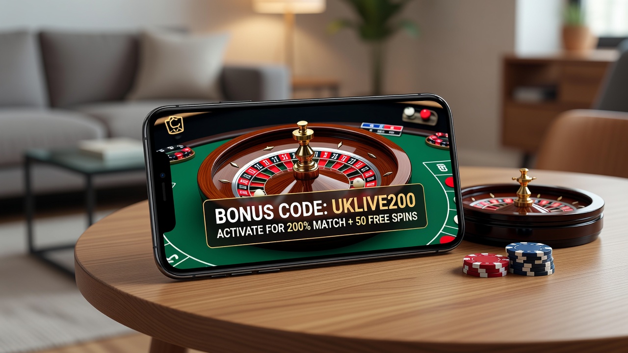 Close-up of mobile app showing roulette wheel and active bonus code status