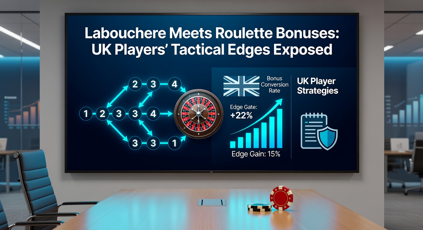 Illustration of Labouchere betting sequence on a roulette table with bonus chips stacked nearby, highlighting tactical plays for UK players