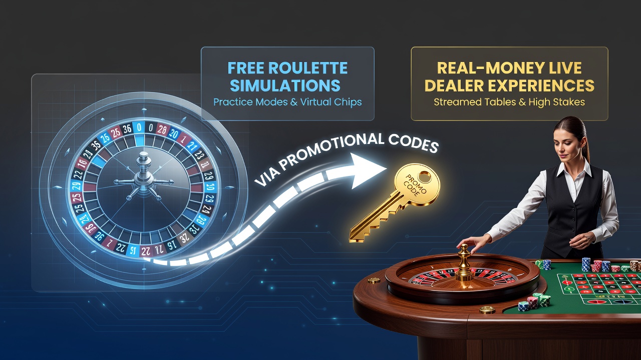 Visual representation of roulette wheel transitioning from digital simulation interface to live dealer studio setup