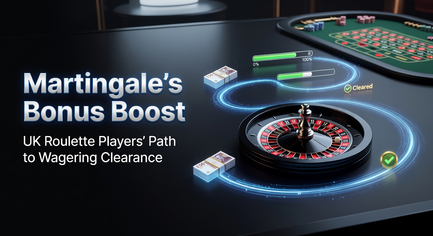 Roulette wheel spinning with chips stacked in a Martingale progression pattern, illustrating bonus wagering strategies for UK players