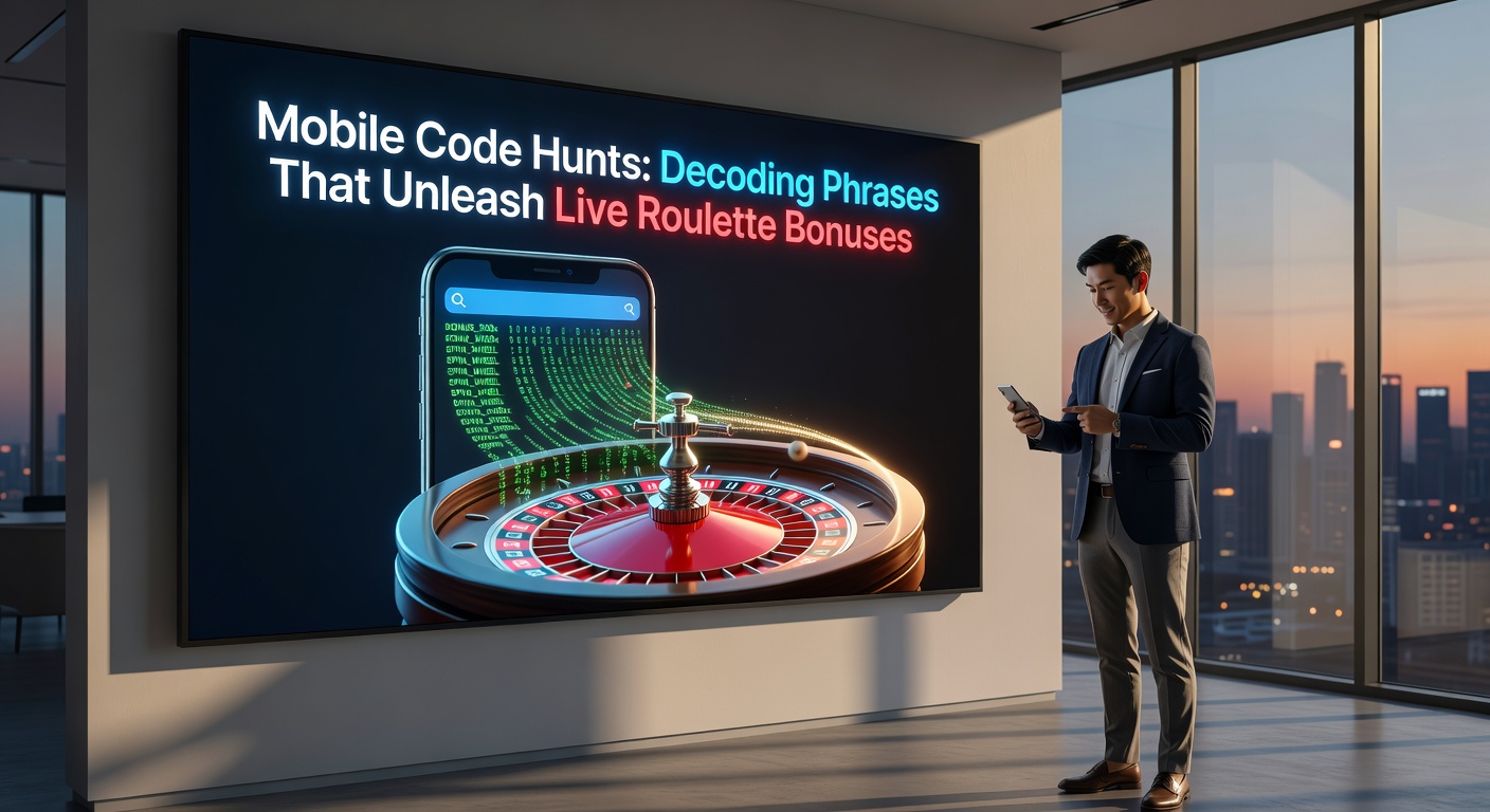 Close-up of fingers typing a decoded phrase into a mobile roulette bonus redemption field, with live dealer and spinning wheel in background
