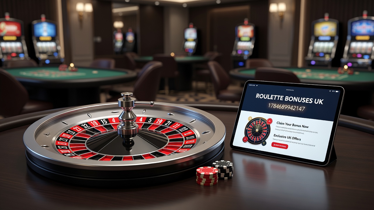 Roulette wheel surrounded by bonus offer icons and UK flag elements