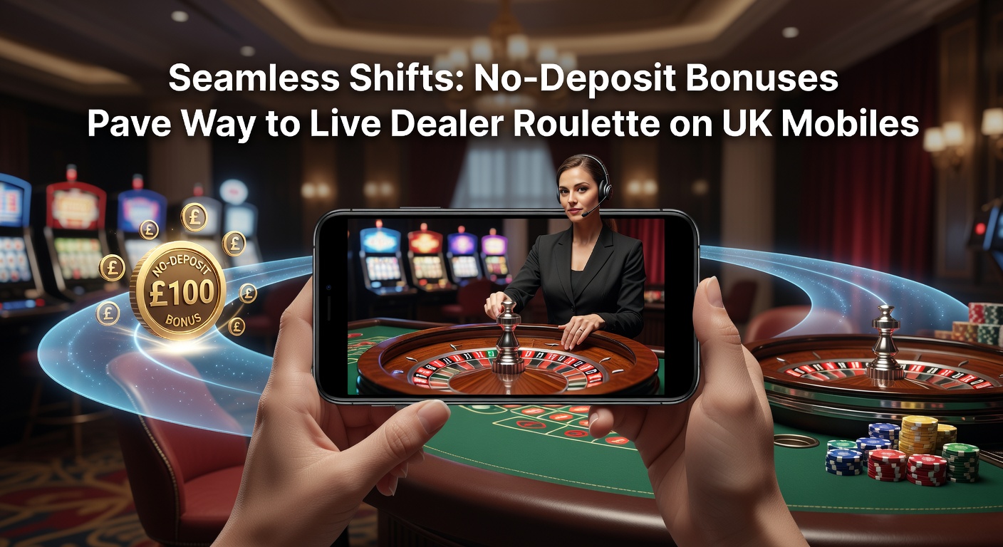 Dynamic split-view of a UK mobile roulette app: no-deposit bonus notification popping up beside a live dealer spinning teh wheel, with seamless credit transfer illustrated through glowing animations